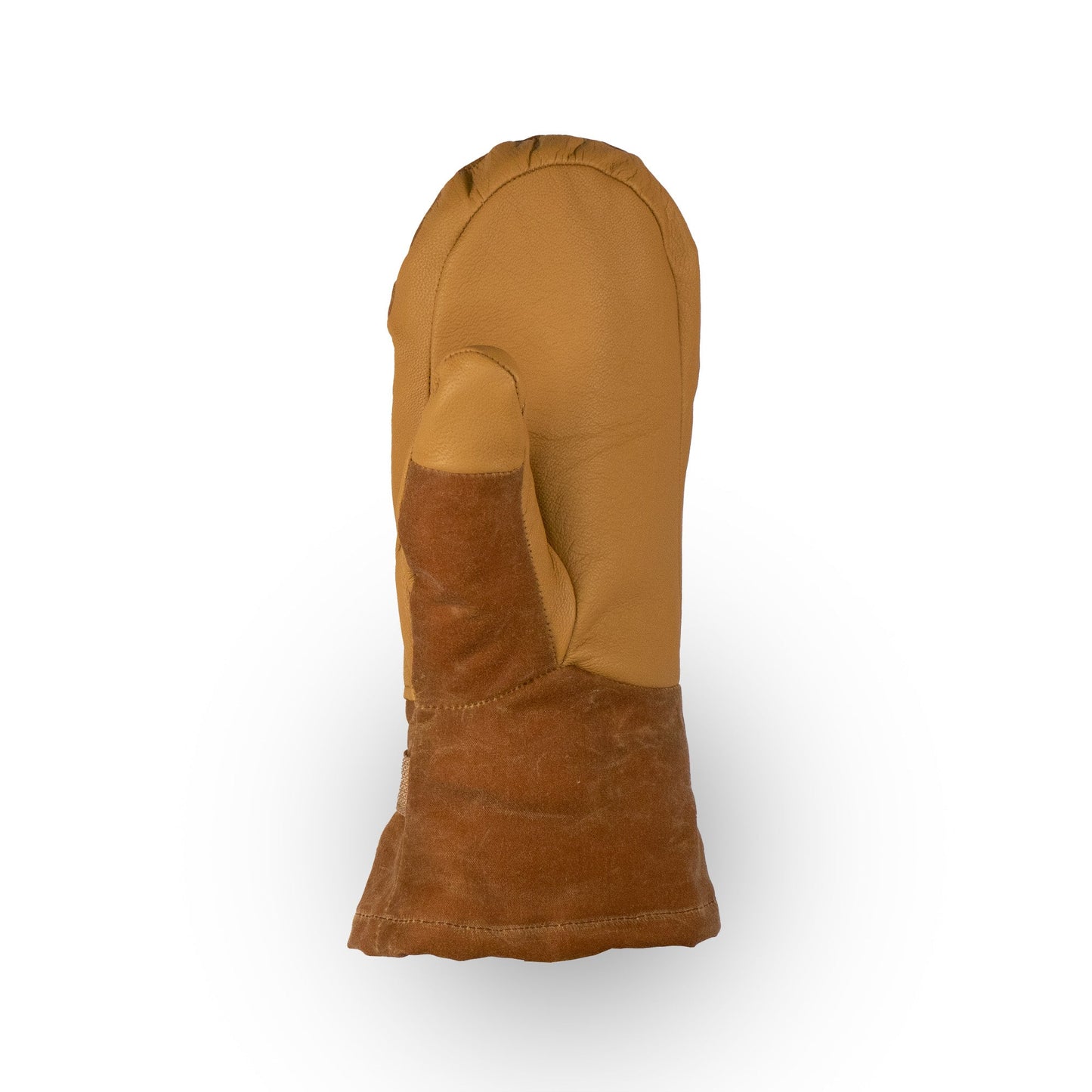 The Acadia Mitts by Mainers, designed with luxurious brown leather and featuring a suede cuff, are showcased standing upright against a white background.