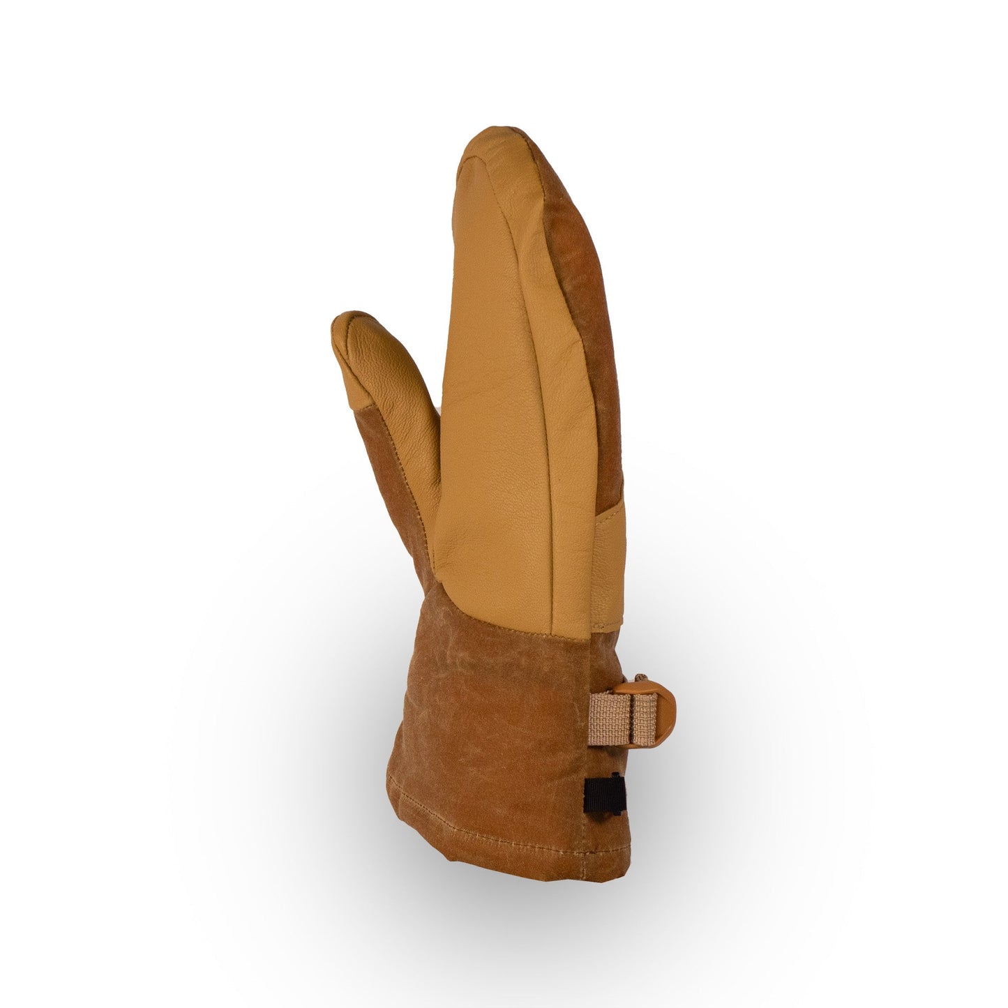 Against a white background, the Acadia Mitt from Mainers, made in tan waxed canvas for improved warmth and comfort, stands upright.