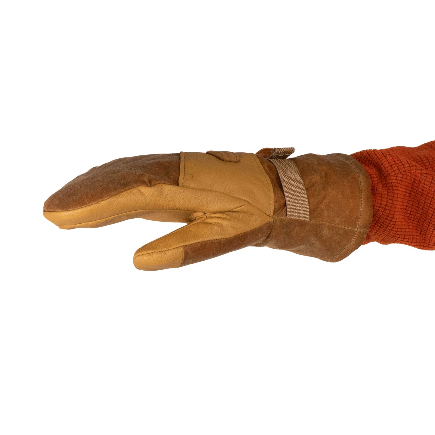 Positioned on a white background, the Acadia Mitts by Mainers showcase a brown leather body complemented by a textured fabric cuff and strap, providing warmth and comfort with every wear.