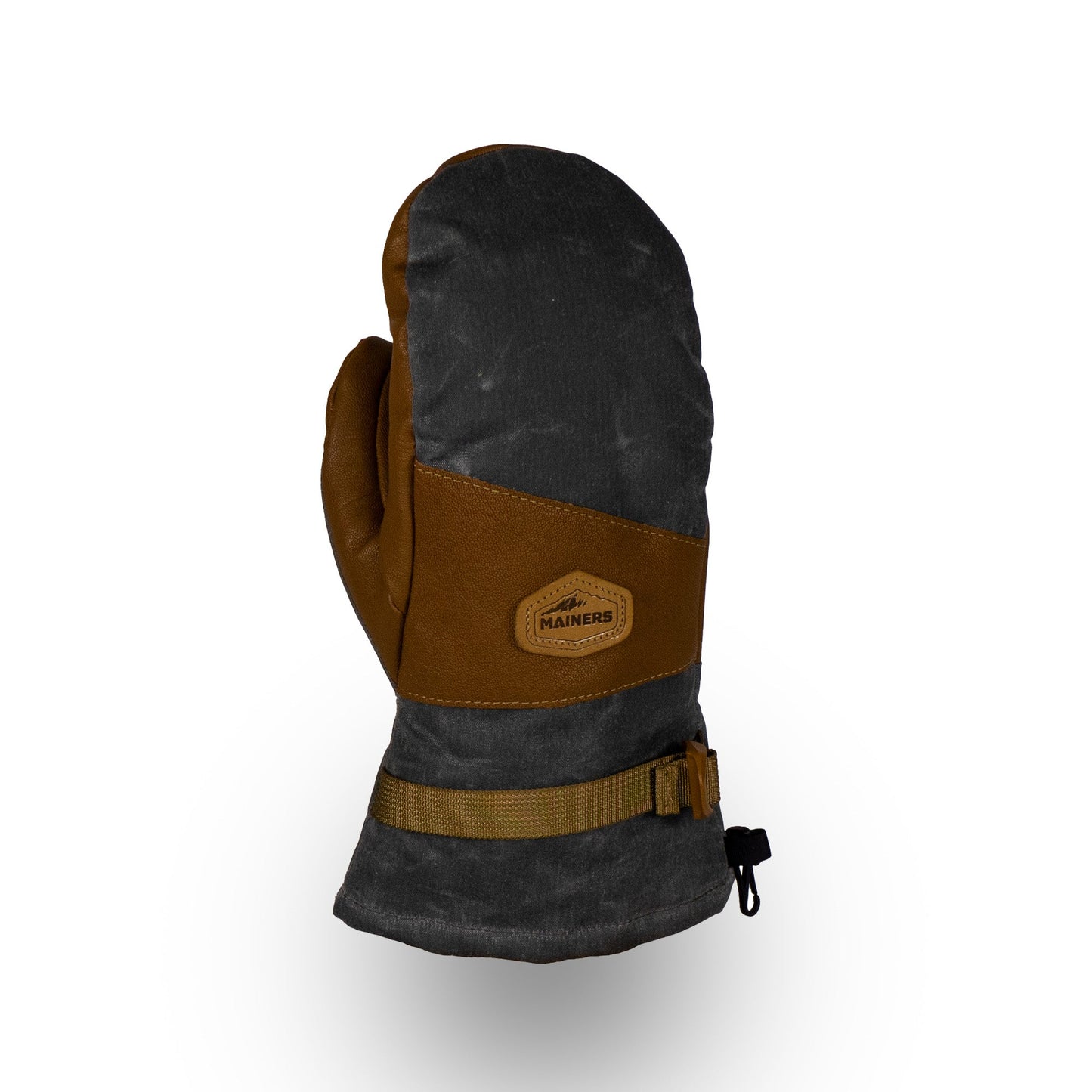 The Acadia Mitts from Mainers are designed for warmth and comfort, showcasing brown and gray insulated layers with a waxed canvas finish, a leather logo patch, and an adjustable wrist strap.