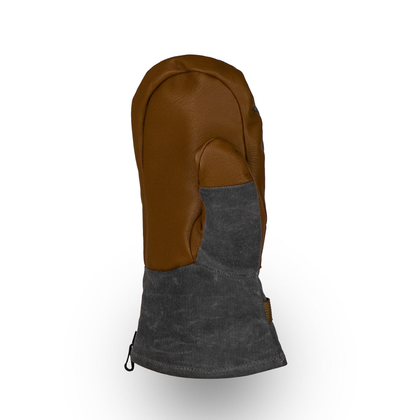 The Acadia Mitts by Mainers, made from waxed canvas, showcase a textured design in brown and gray tones. These mittens are displayed standing upright against a white background, providing warmth and comfort for cold days.
