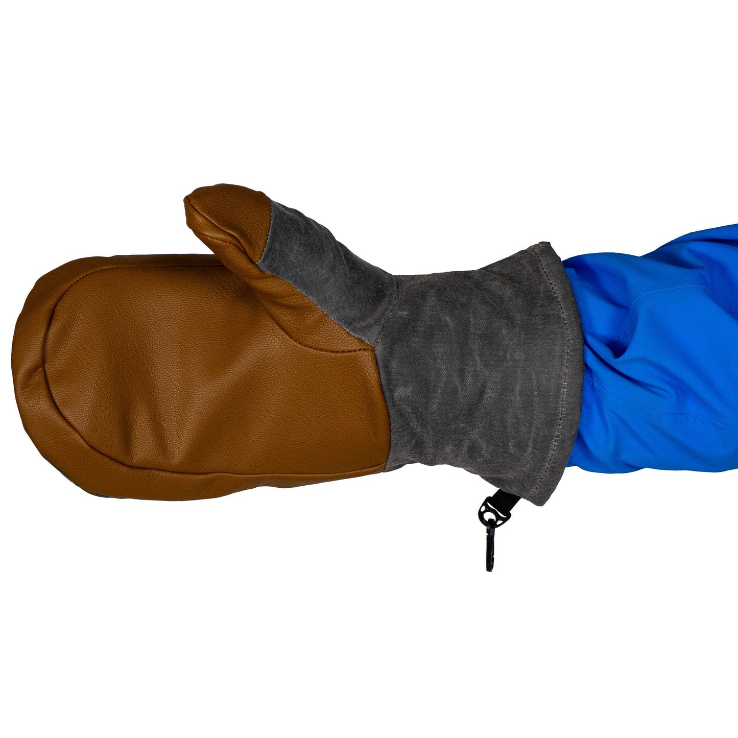 The Acadia Mitts by Mainers offer warmth and comfort, showcasing brown leather mittens with a gray fabric cuff and a touch of blue on the sleeve, all presented against a white background.