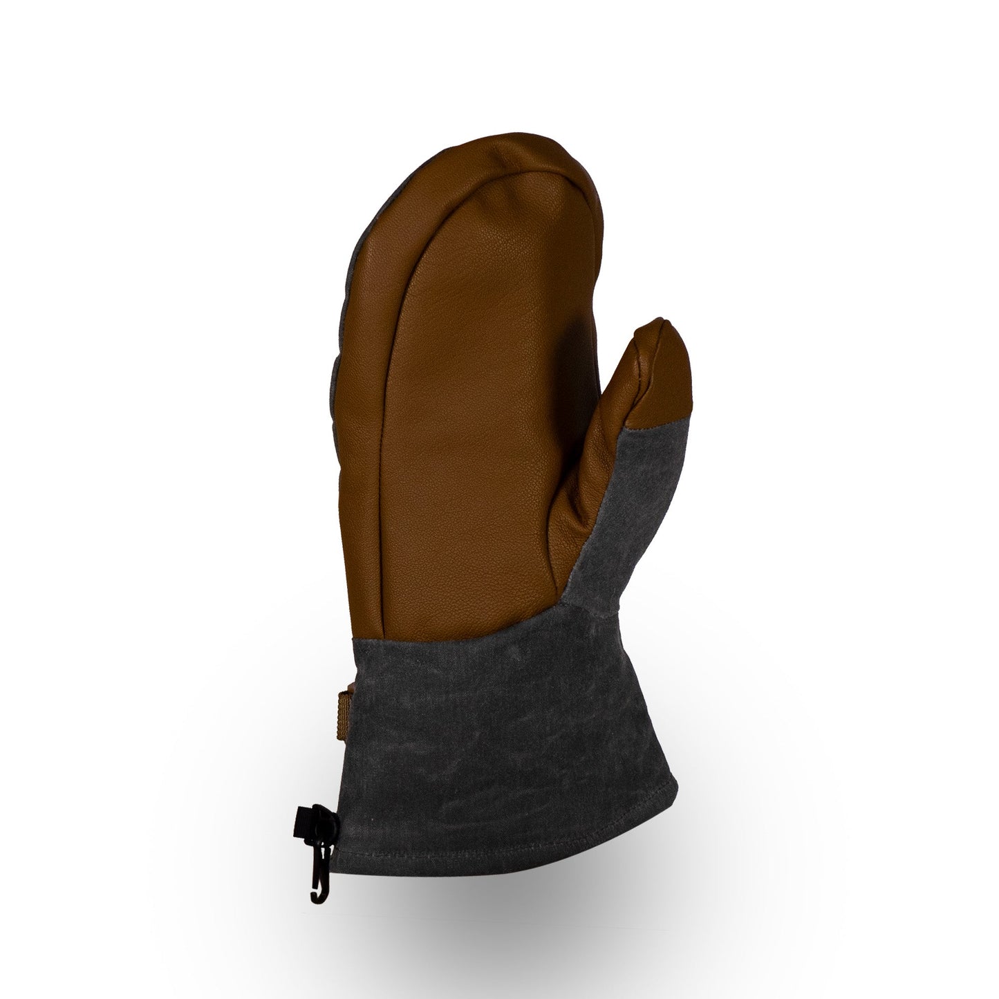 The Mainers Acadia Mitts showcase a brown and gray design with a textured cuff and hanging loop, designed for warmth and comfort, presented from the side on a plain white background.