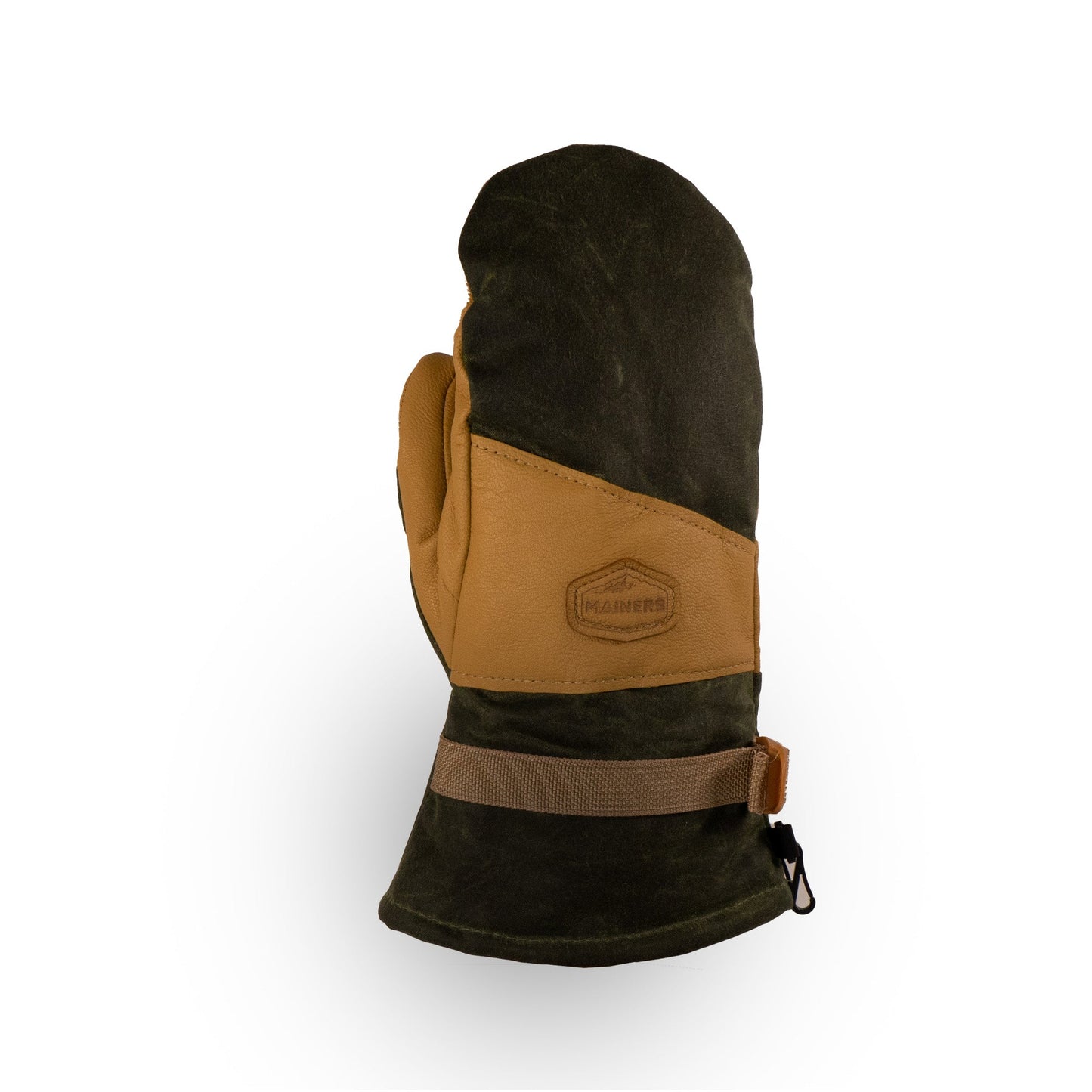 The Acadia Mitts by Mainers are made with dark green waxed canvas and a tan leather palm, featuring a logo patch on the back along with an adjustable wrist strap to ensure warmth and comfort.