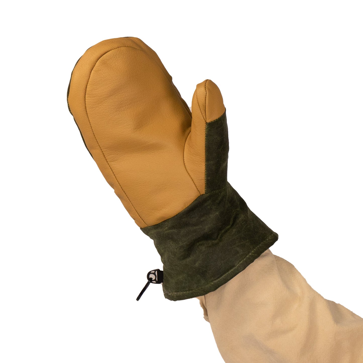 A brown leather Mainers Acadia Mitt, featuring a green fabric cuff, is showcased on an upright hand against a plain background, providing warmth and comfort.