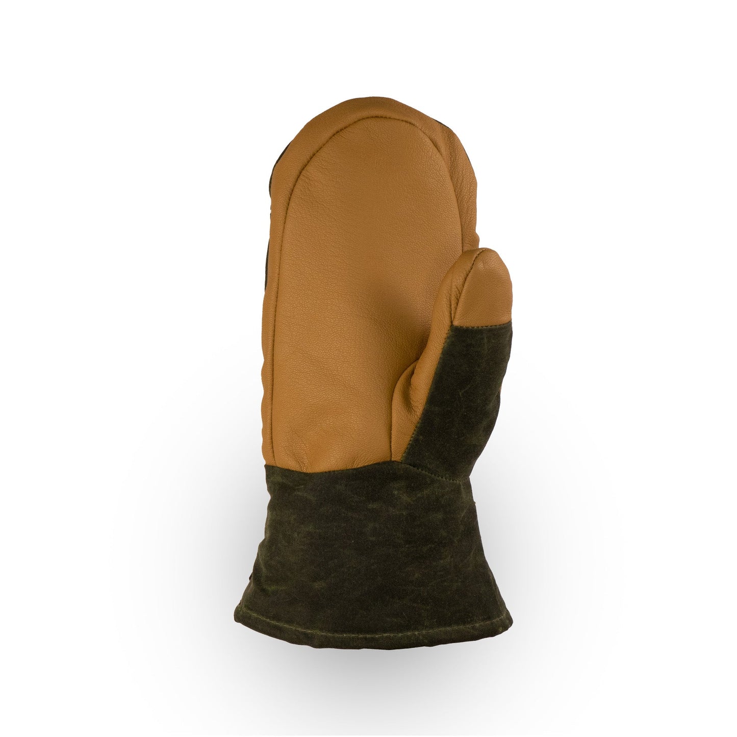 The Acadia Mitt by Mainers, available in a single unit and featuring a robust combination of brown and dark green waxed canvas, is showcased upright against a plain white background, promising warmth and comfort.