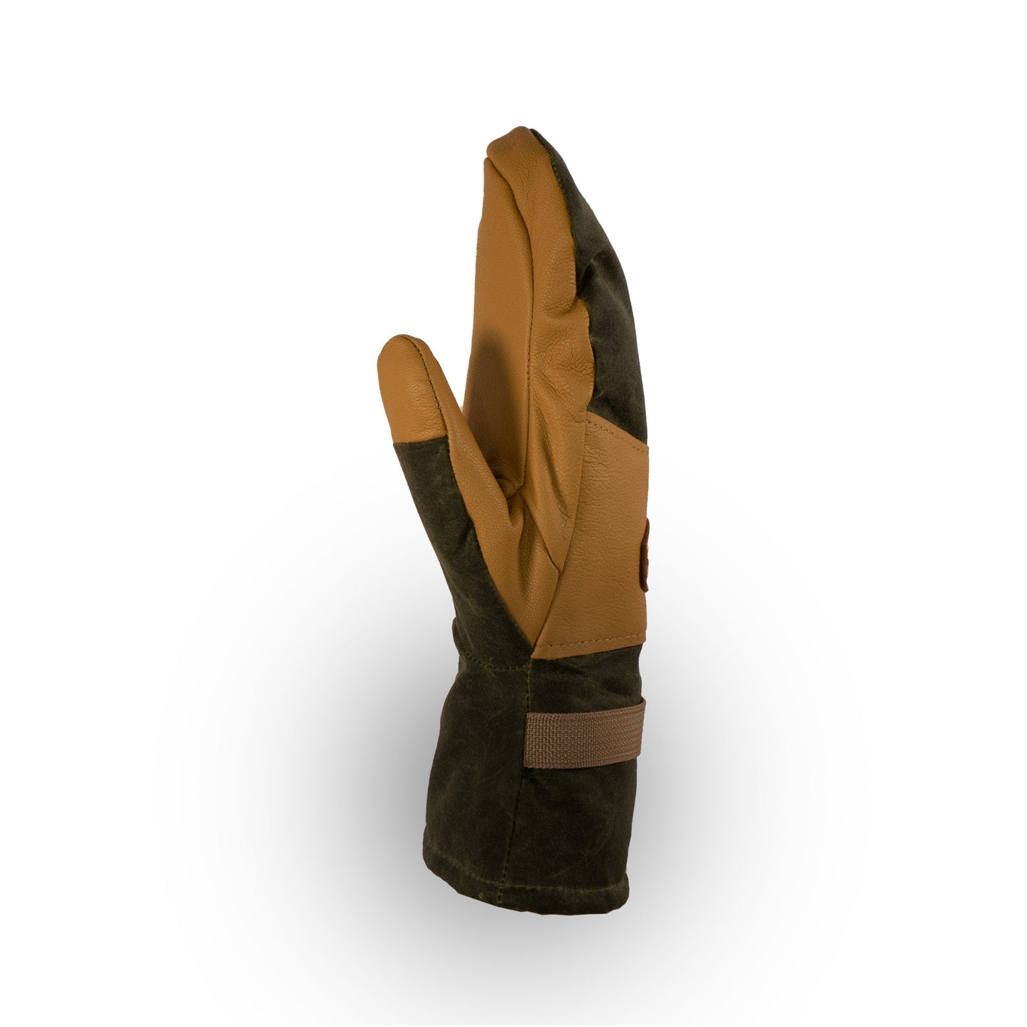 The Acadia Mitts by Mainers, made from waxed canvas, are designed to stand upright featuring a buckle at the wrist, showcased against a plain white background.