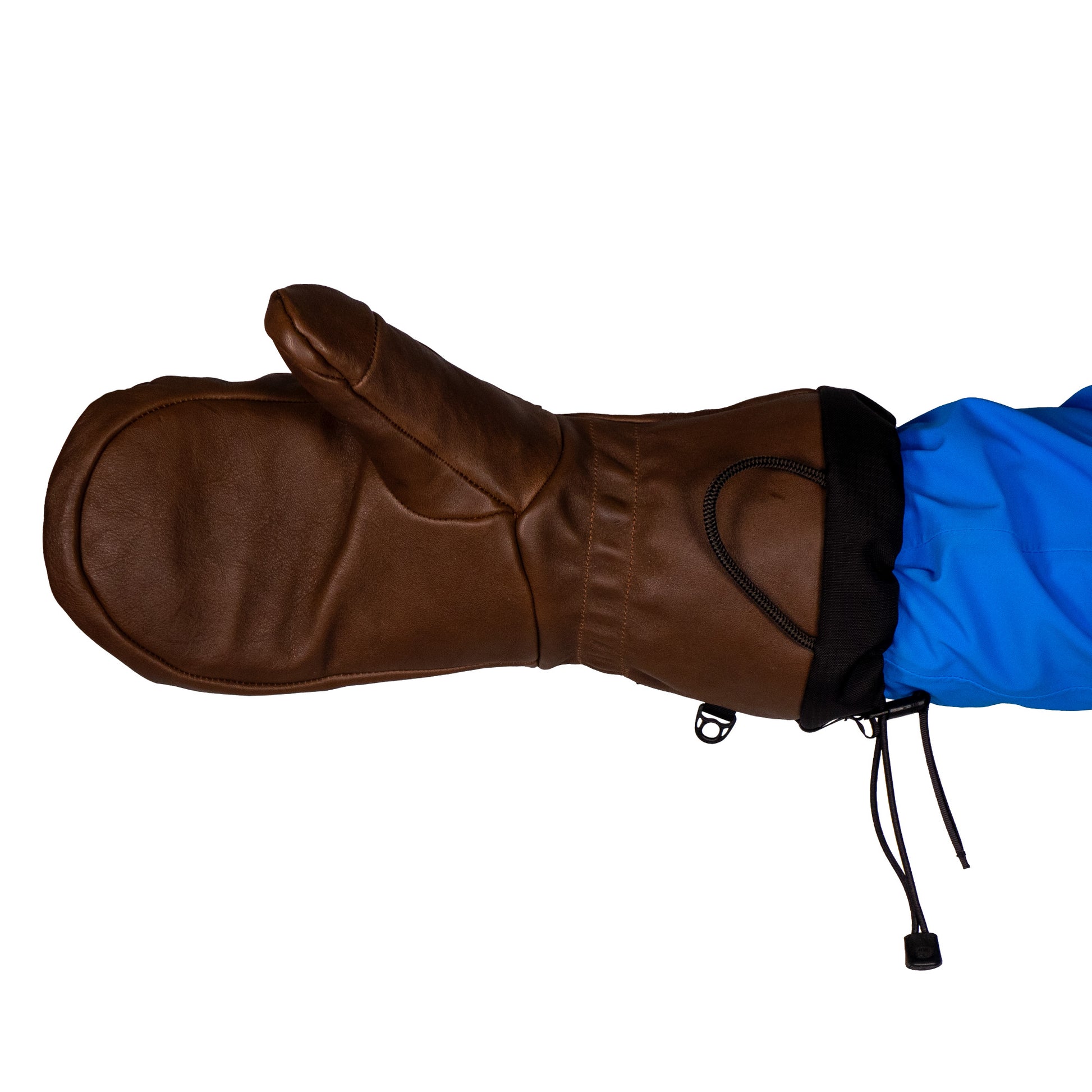 A person is wearing a Mainers All-Leather Mitt on their right hand, shown in brown, alongside a blue jacket sleeve renowned for its exceptional wind resistance, isolated against a white background.