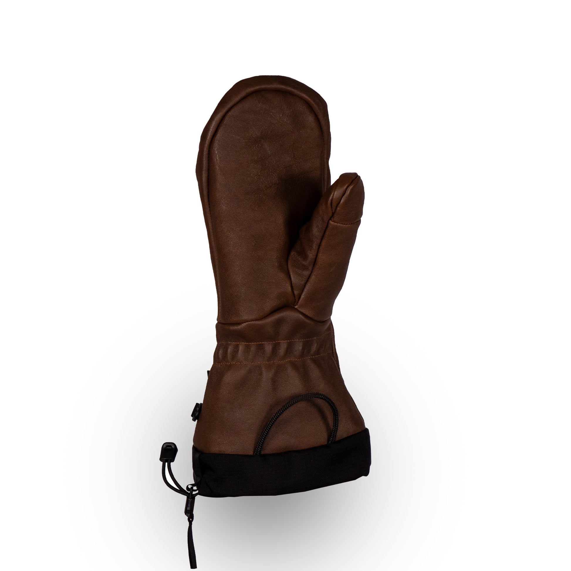 The Mainers All-Leather Mitts by Mainers, featuring a brown design with a black elastic cuff and adjustable strap, offer exceptional wind resistance and are meticulously crafted in the USA, set against a white background.