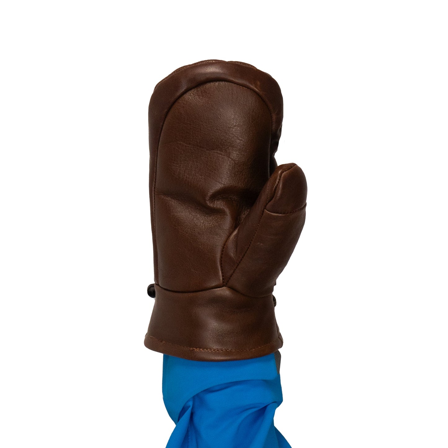 A Portland All-Leather Mitt from Mainers, exhibiting exquisite Maine craftsmanship, is worn on a hand raised against a white background.