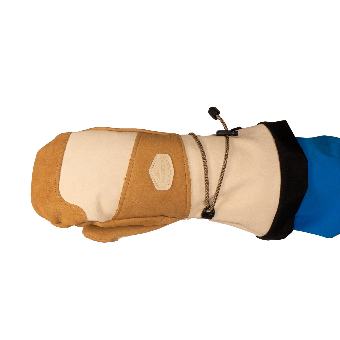 Close-up of a brown and beige insulated Caribou Mitts by Mainers featuring a wrist drawstring, highlighting expert craftsmanship and designed for optimal warmth, worn on a blue sleeve.