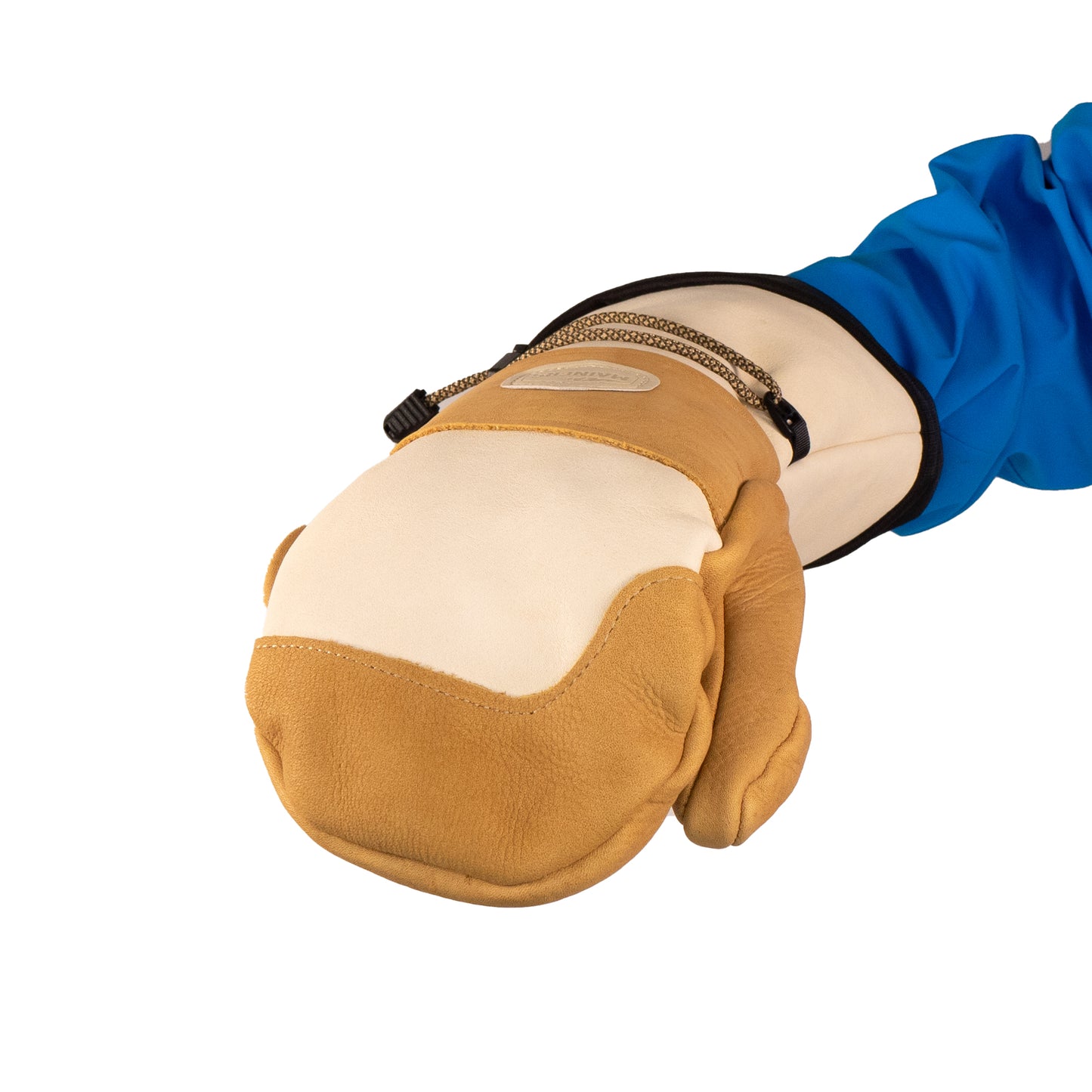 A tan leather Caribou Mitt from Mainers, featuring exceptional craftsmanship with a blue cuff and adjustable strap, is set against a white background, providing both style and warmth.