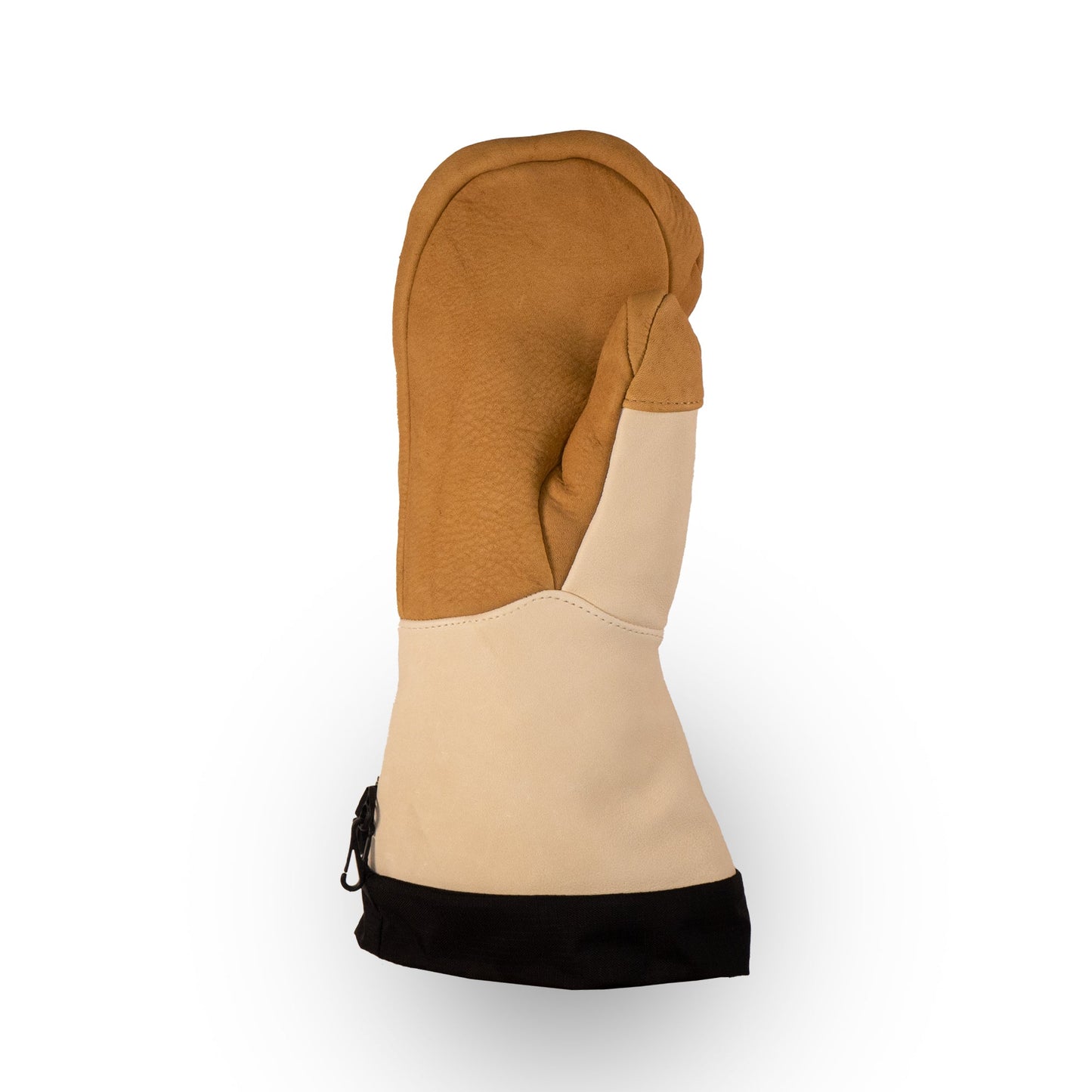 The Caribou Mitts from Mainers display exquisite craftsmanship, with one brown and beige mitten accented by a black cuff, elegantly photographed against a white background.