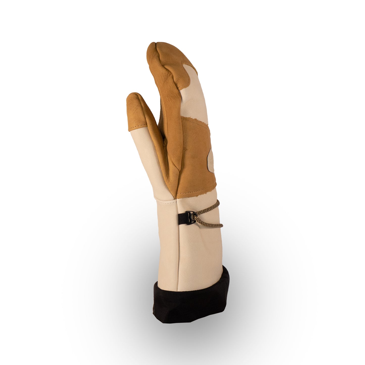 The Caribou Mitts, crafted by Mainers, feature a hook clasp and a luxurious leather design in brown and beige tones. These gloves exemplify exquisite craftsmanship and warmth as they stand upright against a white background.
