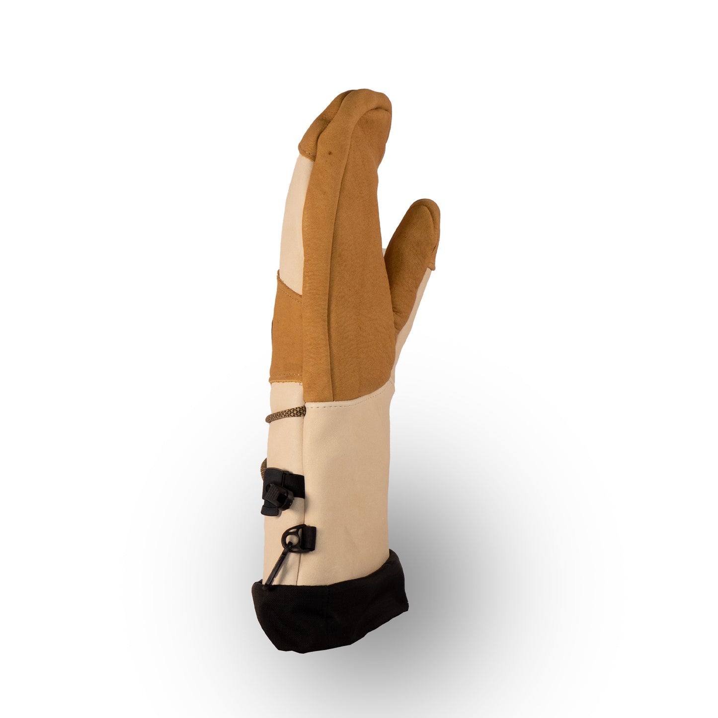 The Caribou Mitts by Mainers exhibit exceptional craftsmanship, with a tan and brown design complemented by a black adjustable strap and a white back positioned upright. They offer unmatched warmth for the winter season.