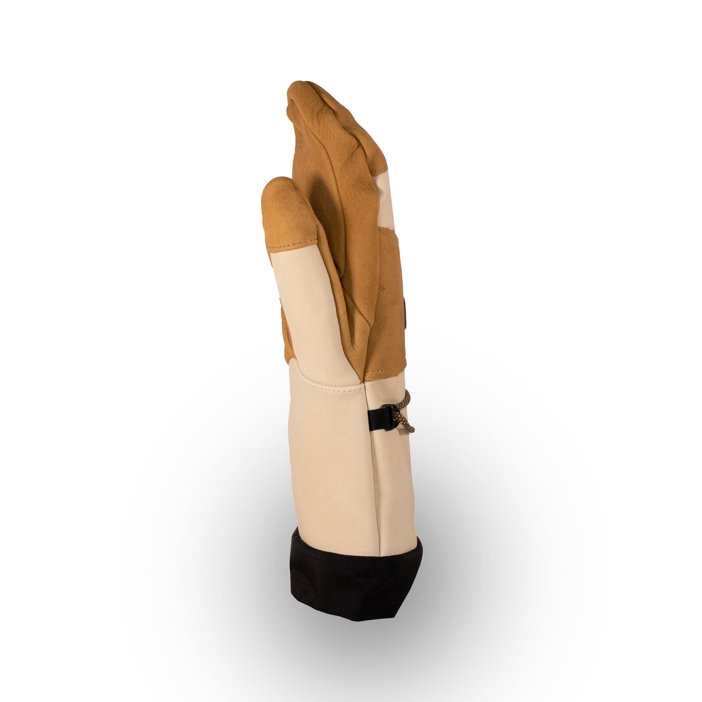 A beige and brown Caribou Mitts from Mainers stands upright against a white background, displaying luxurious comfort and exquisite craftsmanship with its sleek black wrist strap.