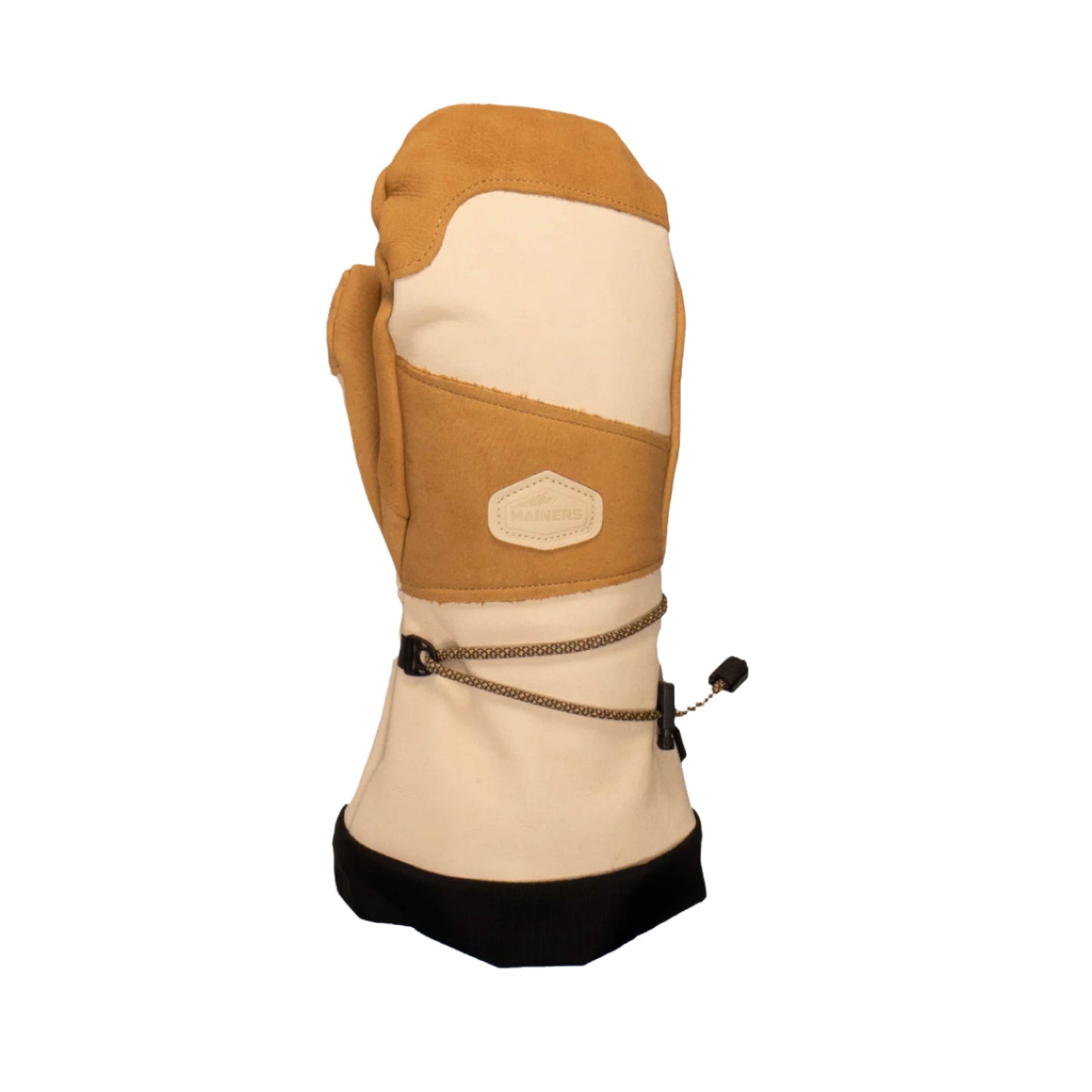 Discover the artistry of Mainers' Caribou Mitts in this beige and brown design, accented with black details and an adjustable cord. Crafted for ultimate comfort, these mittens make a sophisticated statement against a white background.