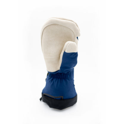 A durable blue and black Mainers Mitts on a white background.