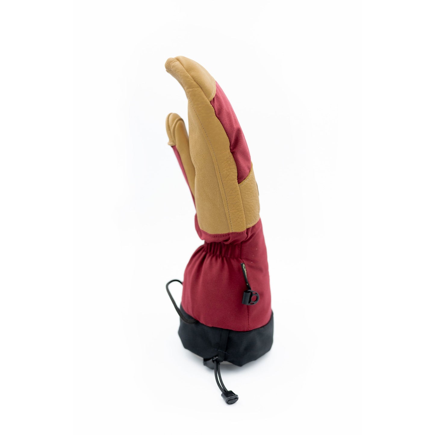 The Mainers Mainers Mitts - Discontinued Colorways mitten, shown in red and tan, features three finger sections and stands upright on a white background—a durable cold-weather classic inspired by the Original Mainers Mitt.