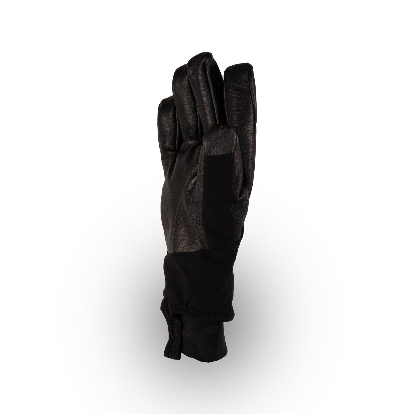 The Loaf Glove by Mainers, in a sleek black design, stands upright against a white background, providing warmth and protection.