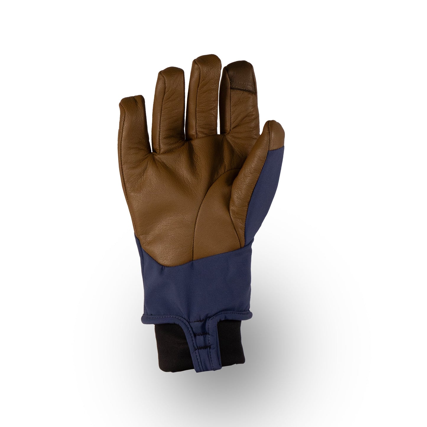 The Loaf Glove by Mainers combines brown and blue leather with a black cuff to keep you warm during all your winter adventures. Set against a white background, the palm side of this ski glove is displayed, emphasizing its design that's perfect for braving icy slopes.