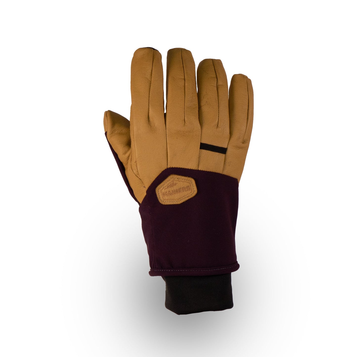 A single Mainers Loaf Purple/Sand glove—discontinued colorway—with a tan leather palm, burgundy back, black cuff, and small hexagonal wrist label is shown against a white background.