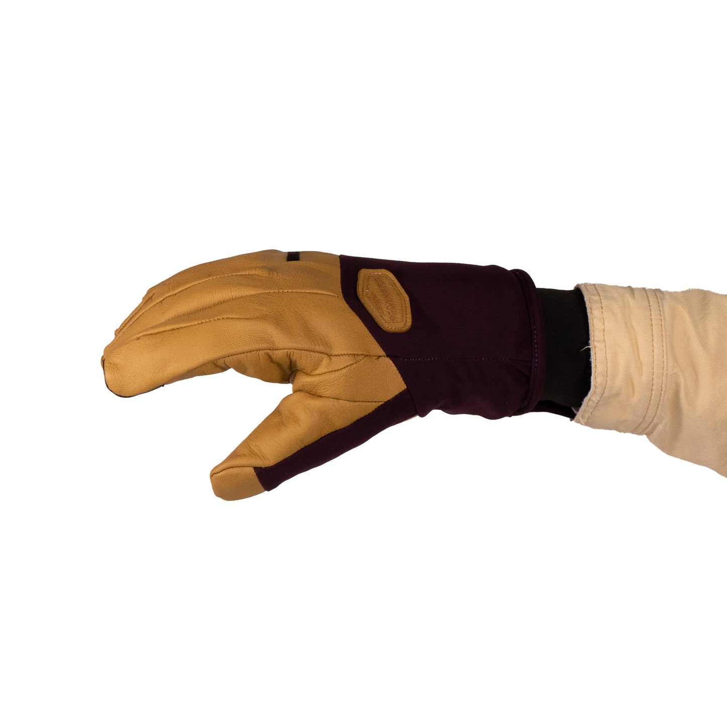 A person wearing Mainers Loaf Purple/Sand glove (discontinued colorway), fingers slightly bent, photographed against a plain white background.