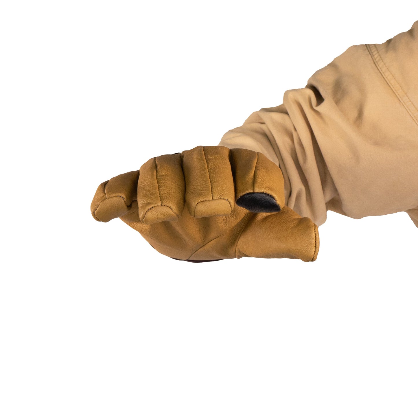 A person wearing Mainers’ Loaf Purple/Sand glove, featuring a leather palm and beige sleeve, is making a fist against a plain white background.