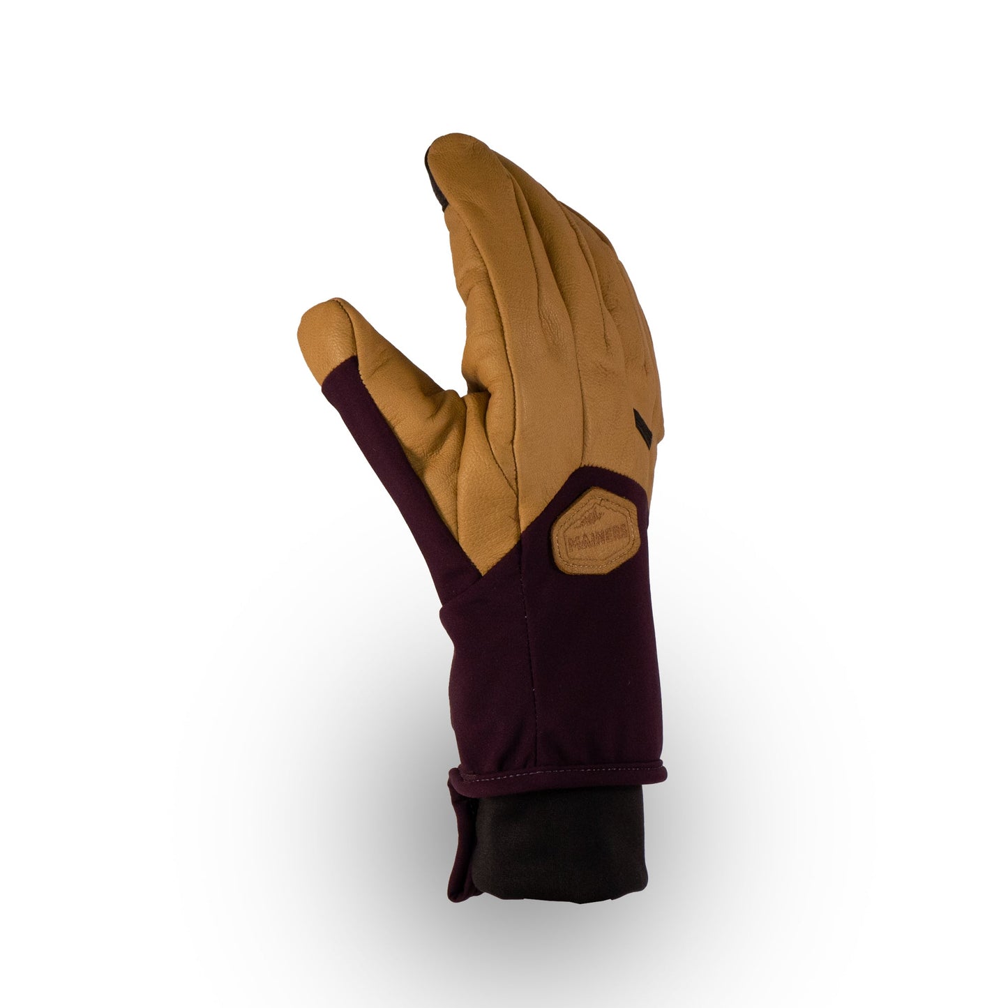 The Mainers Loaf Glove in Purple/Sand (discontinued) features a water-resistant back, tan leather palm and fingers, plus a small logo patch—all displayed upright against a white background.