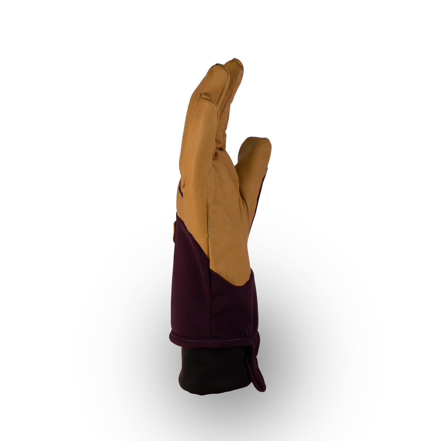 A Mainers Loaf Purple/Sand glove stands upright on a white background, showcasing its leather palm facing left and fingers slightly bent. This is a discontinued colorway.