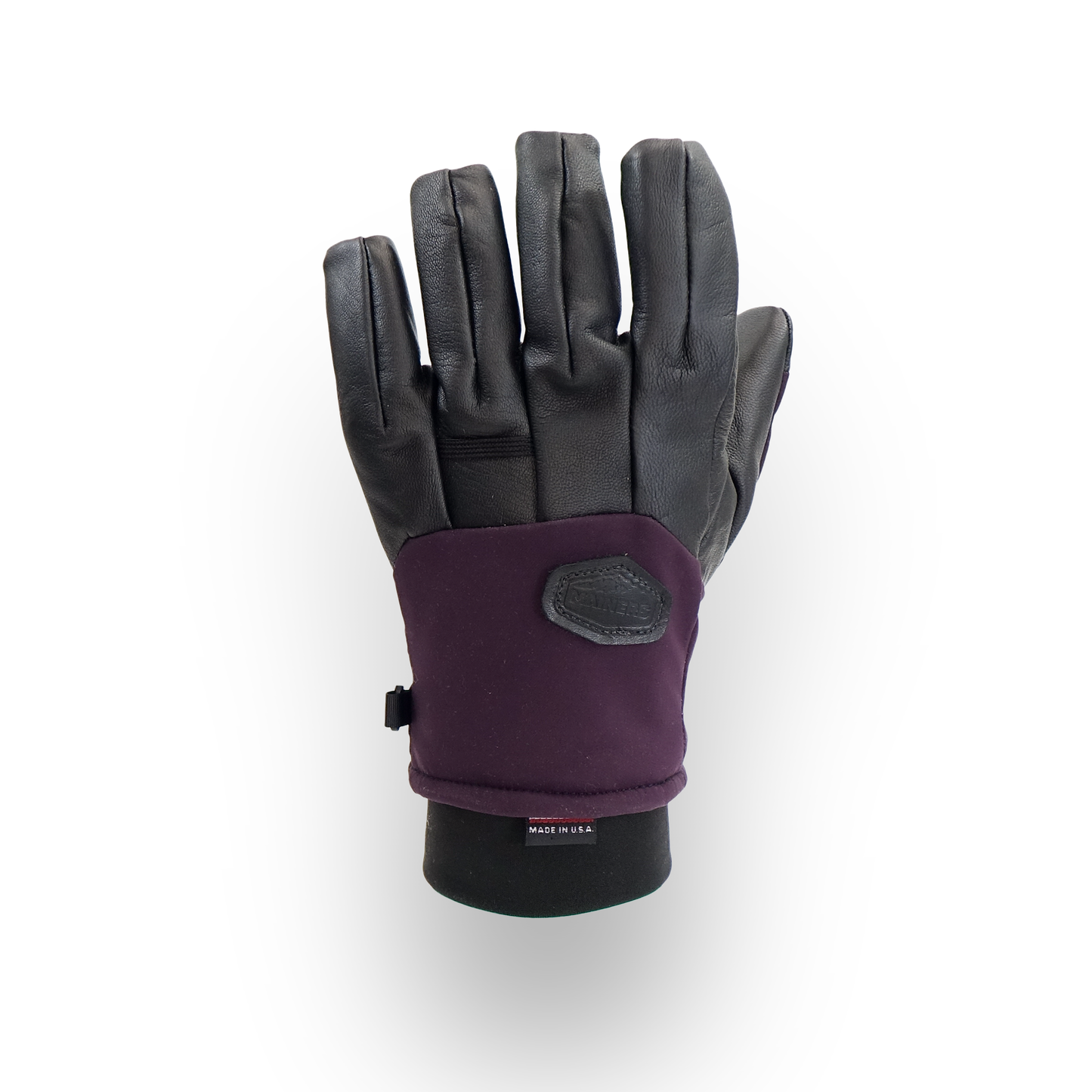 Pair of gloves with purple cuff on a white background