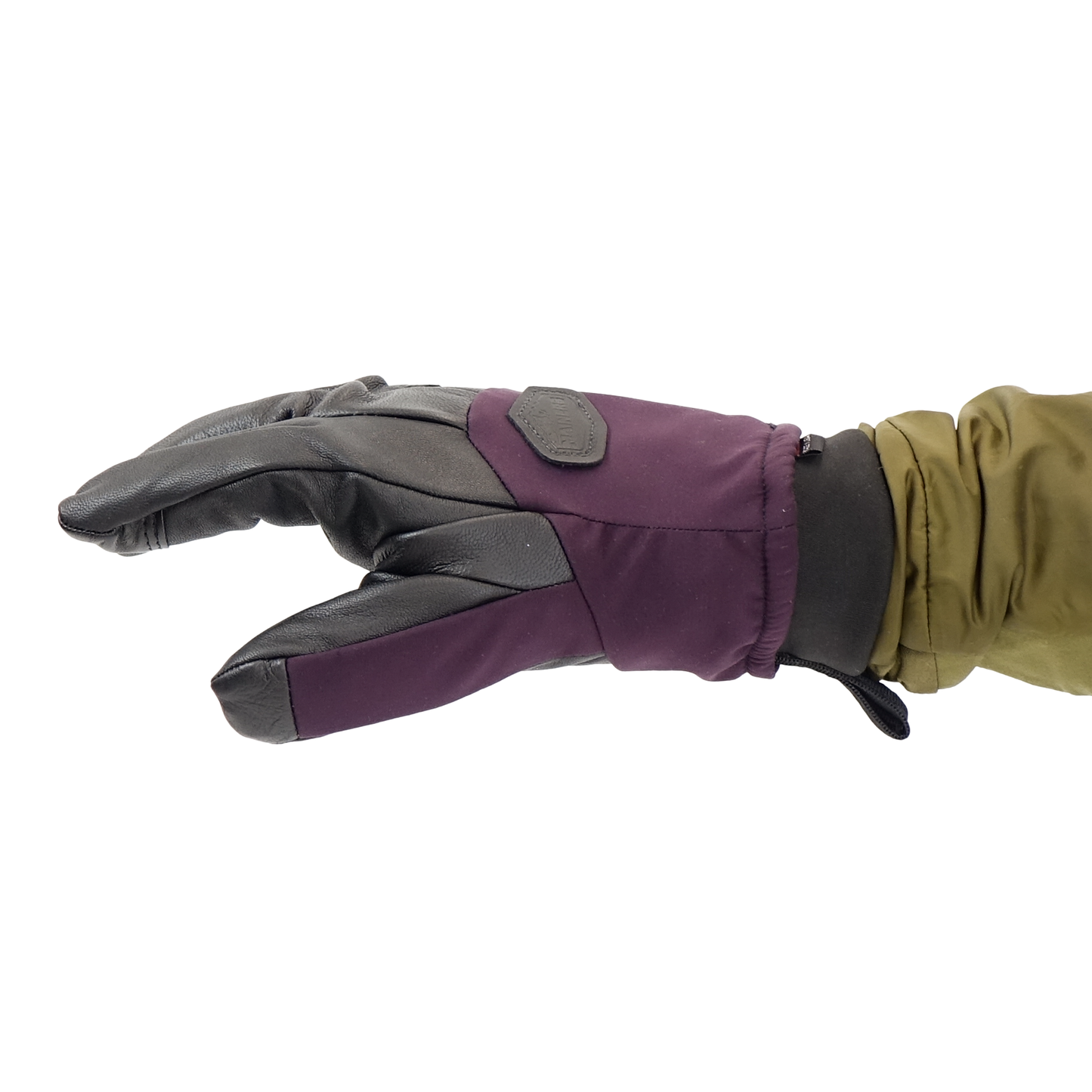 Hand wearing a black and purple glove on a white background