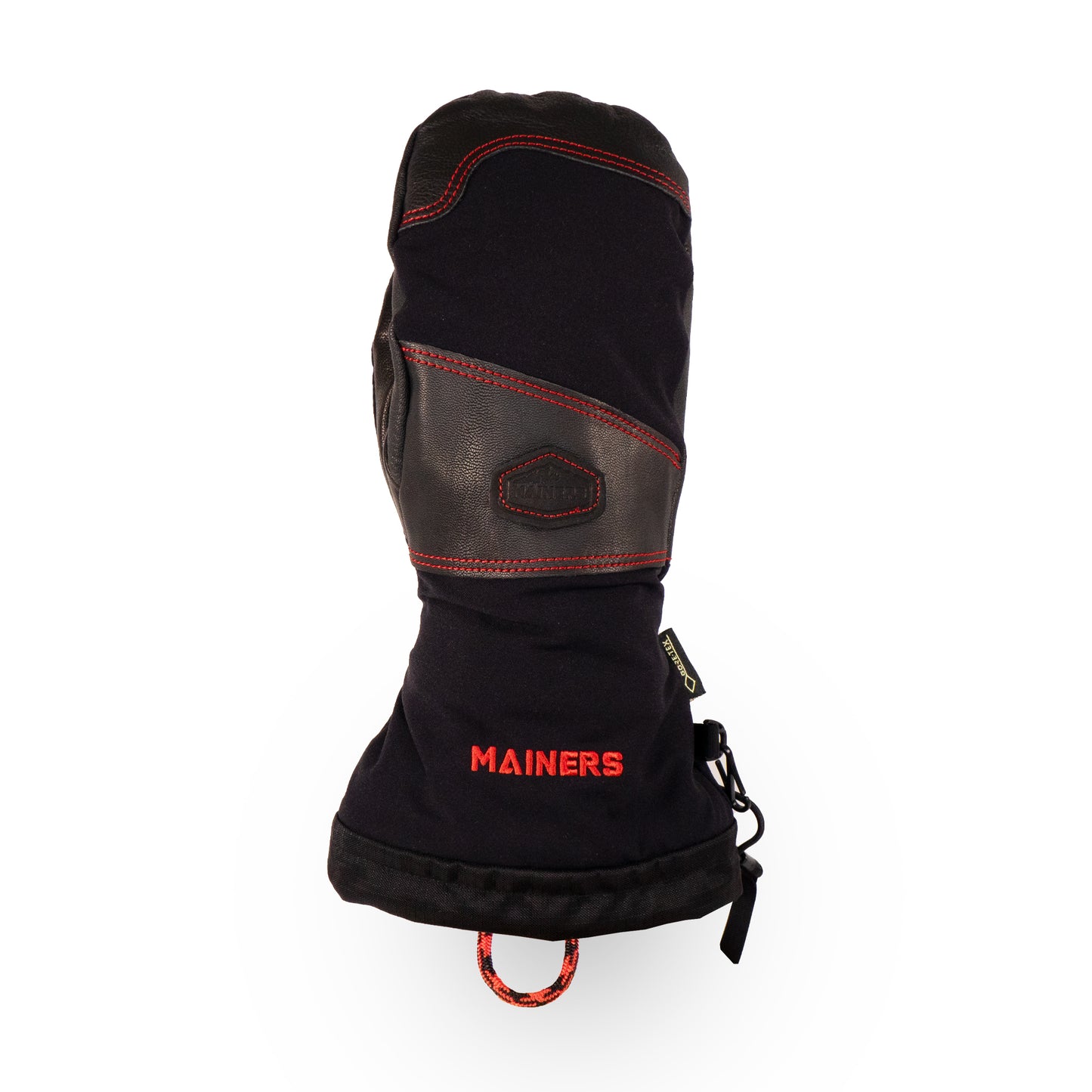 Introducing the Mainers Mitts by Mainers, perfect for adventure seekers. These black and red winter mittens feature a durable drawstring, a grippy palm area, and the iconic "MAINERS" logo in red on the cuff.