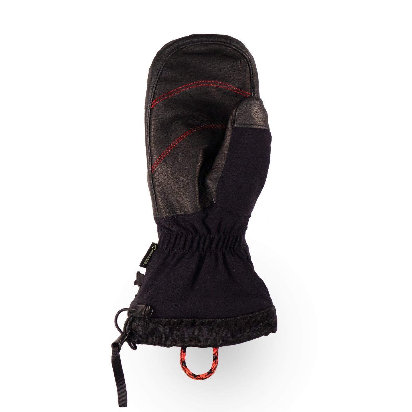 Introducing the Mainers Mitts by Mainers, a durable black winter mitten with distinctive red stitching and a reinforced palm. Ideal for adventure seekers, these mittens come equipped with an adjustable wrist strap and a convenient loop at the cuff.