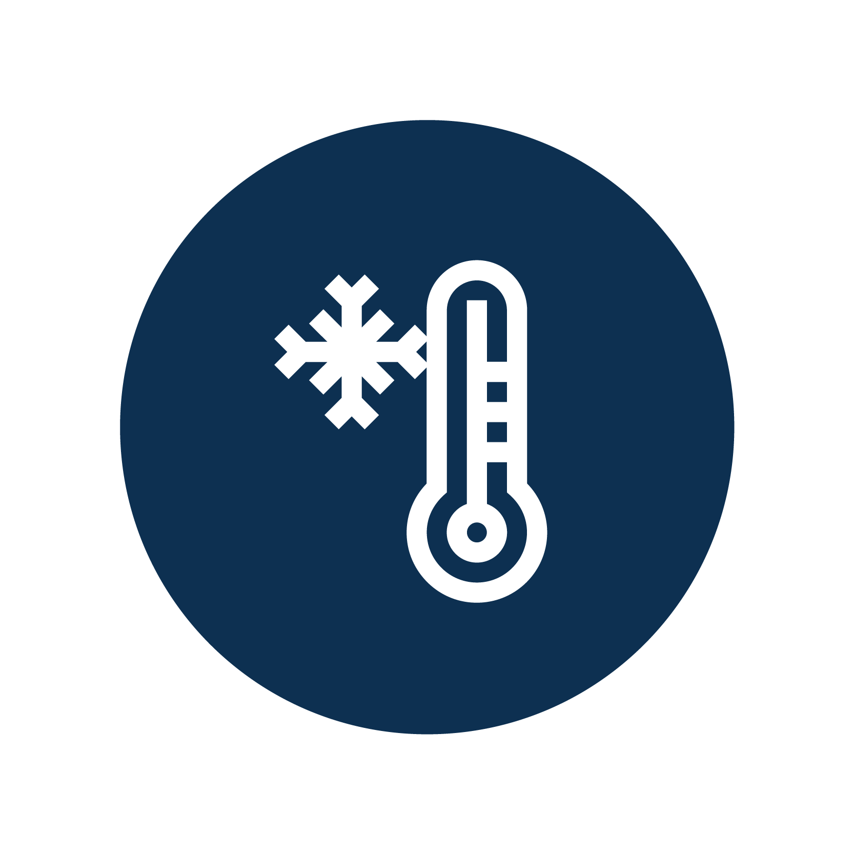 A blue and white icon with a thermometer and a snowflake.