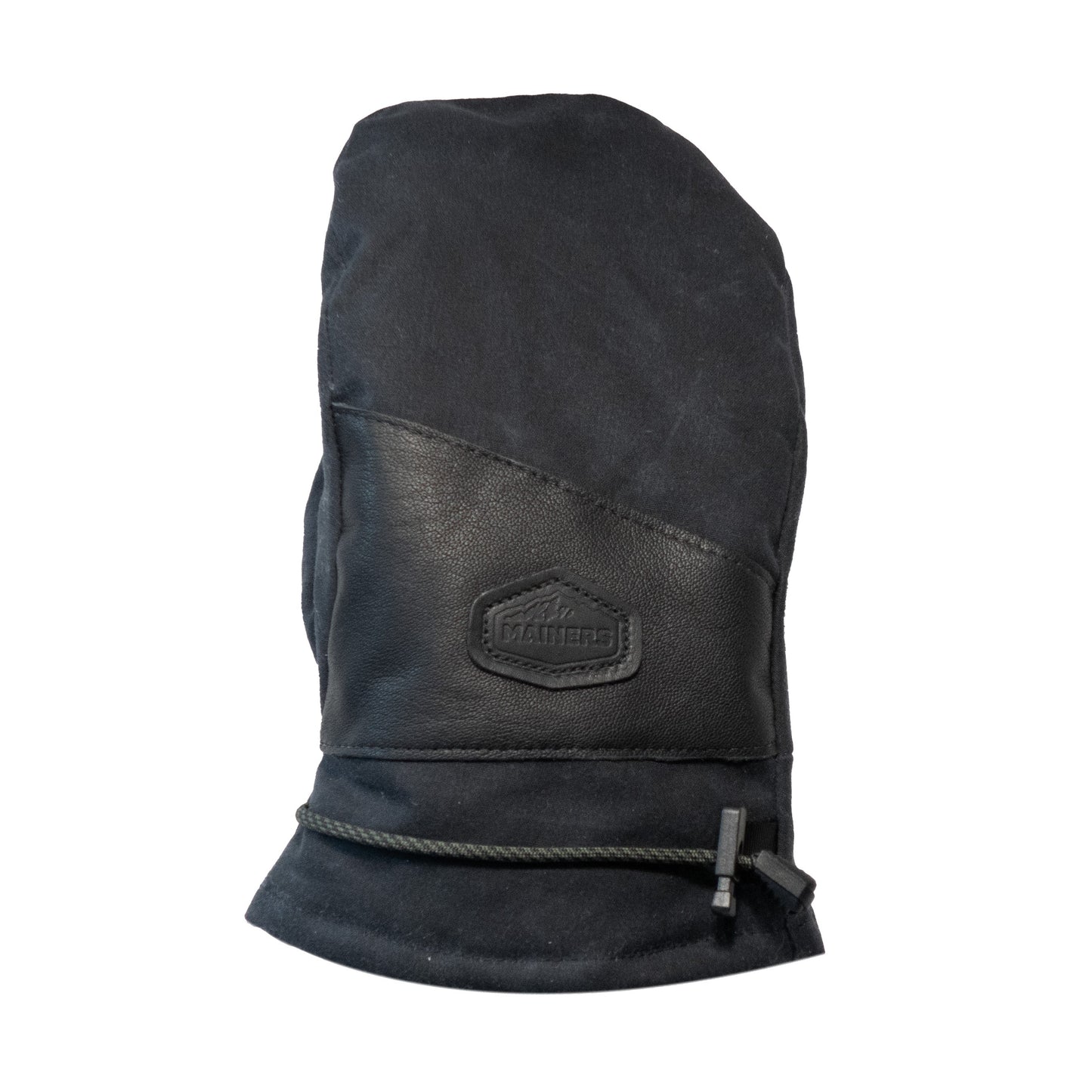 Introducing the Portland Mitts in Black by Mainers: a pair of black mittens featuring a leather palm, logo patch, adjustable strap, and fabric detailing. *Please note that this product has been discontinued.*