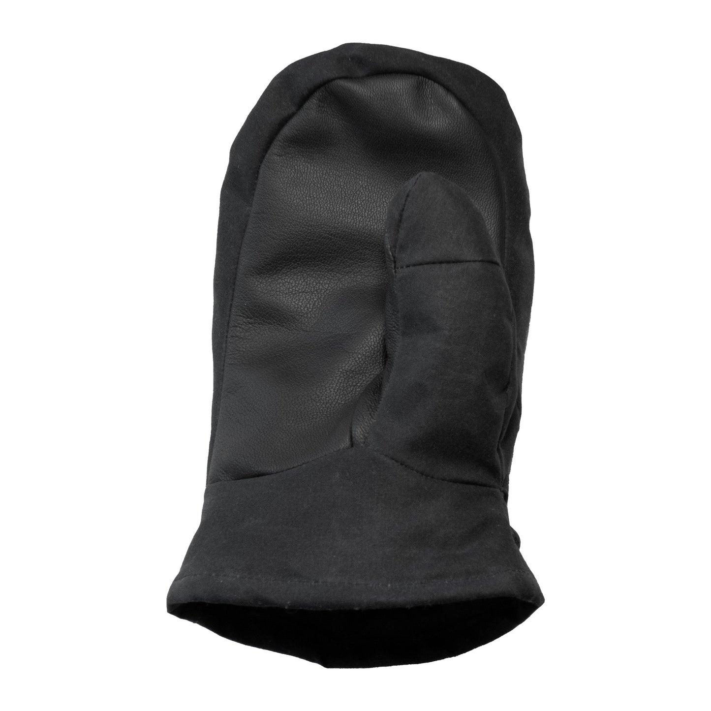 The Mainers Portland Mitts in Black, which have been discontinued, showcase a black mitten with a textured leather palm and a rounded thumb on a crisp white background.
