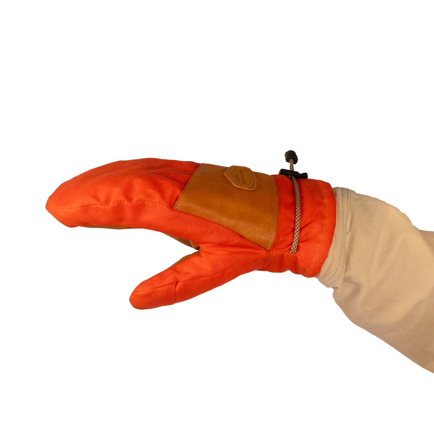 The Mainers Portland Mitts feature an orange and brown design, boasting an extended thumb and a durable leather palm. A convenient strap and cord enhance its sturdy style, all set against a beige sleeve background.