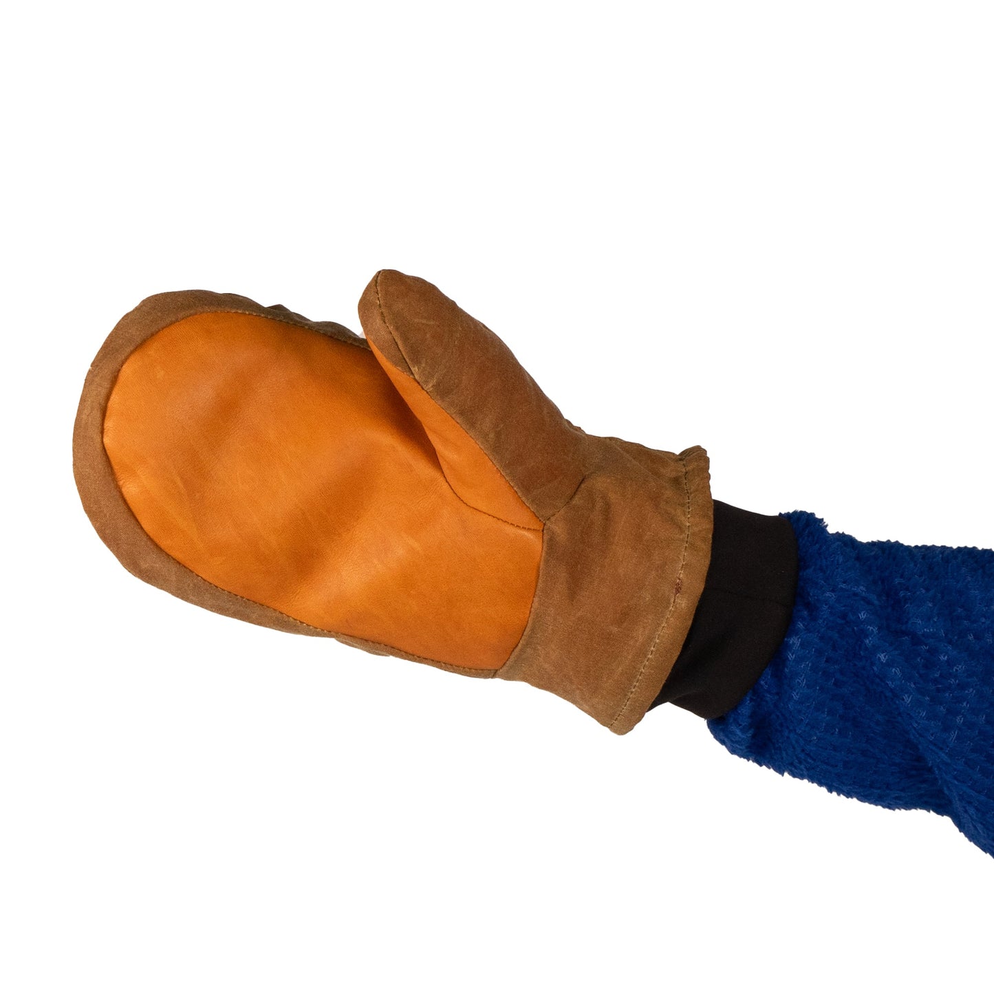 A hand wearing the ruggedly durable Mainers Peaks Mitts, in shades of brown and orange, stands out against a white background.