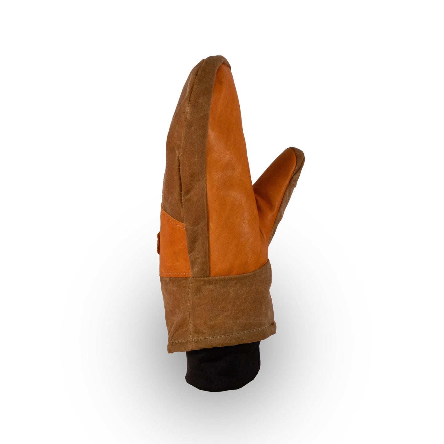 A solitary brown and orange Peaks Mitt from Mainers stands upright against a white background, capturing the essence of outdoor adventure with its robust durability.