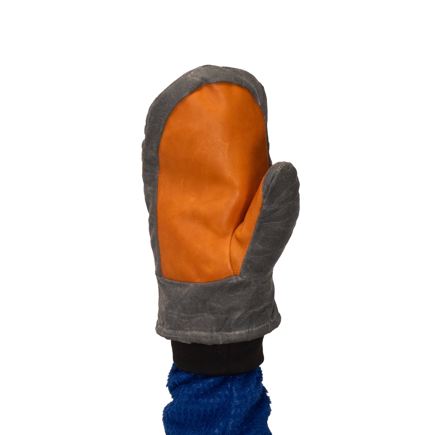 The Peaks Mitts by Mainers, featuring rugged durability, are displayed against a white background with shades of orange and gray, making them ideal for outdoor adventures.
