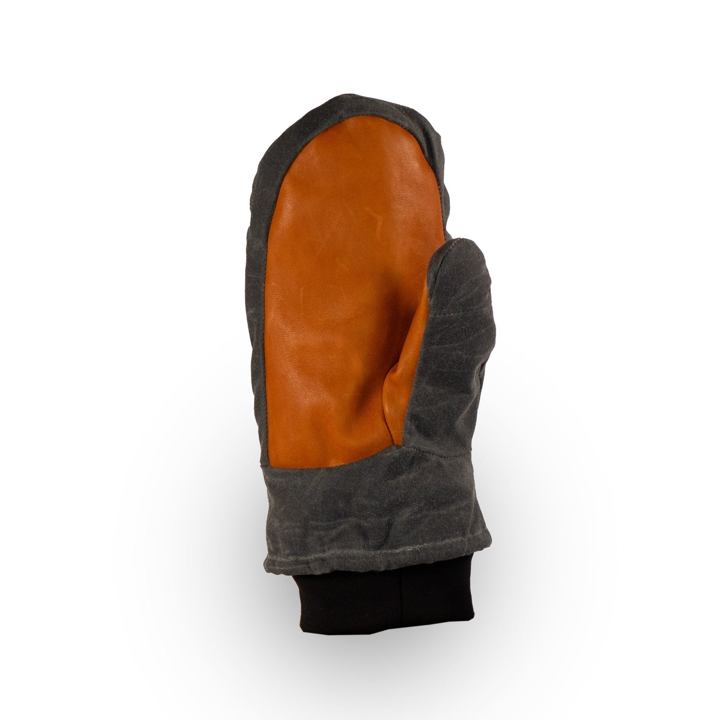 Introducing the Mainers Peaks Mitts: a pair of mittens in gray and tan featuring a black cuff, showcased against a plain white background. Perfect for outdoor adventures, their rugged durability ensures reliability in any environment.