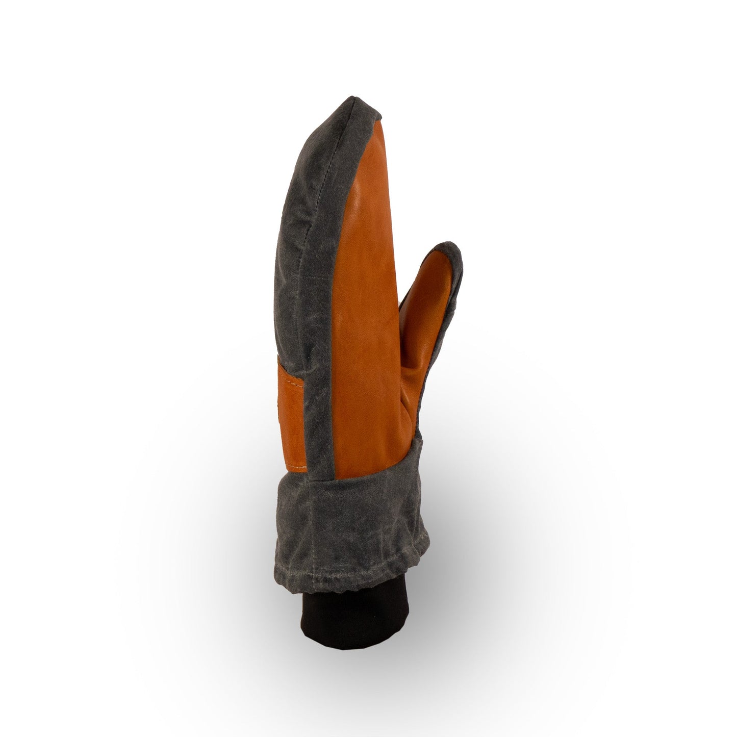 The Mainers Peaks Mitts, celebrated for their rugged durability, are displayed vertically against a white background. These gray and brown insulated mittens are ideal for any outdoor adventure.