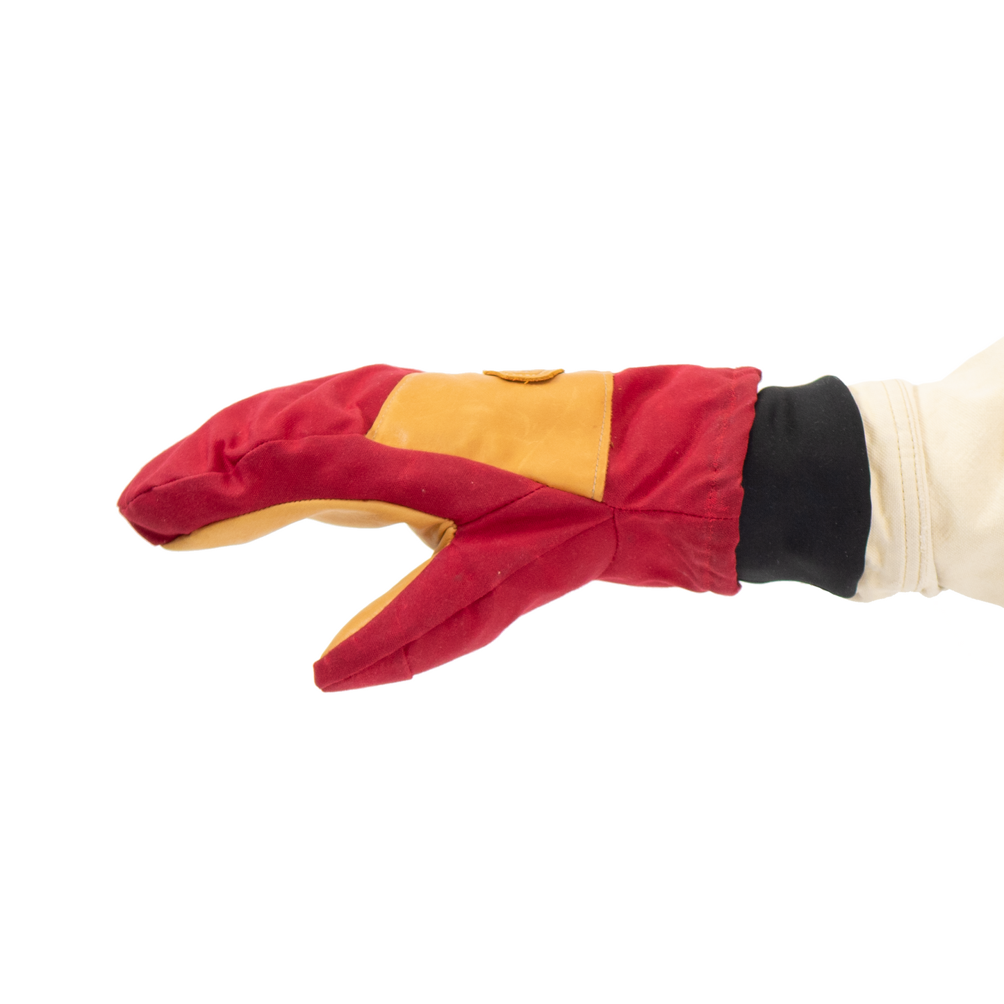 Red and tan mitten on a white background