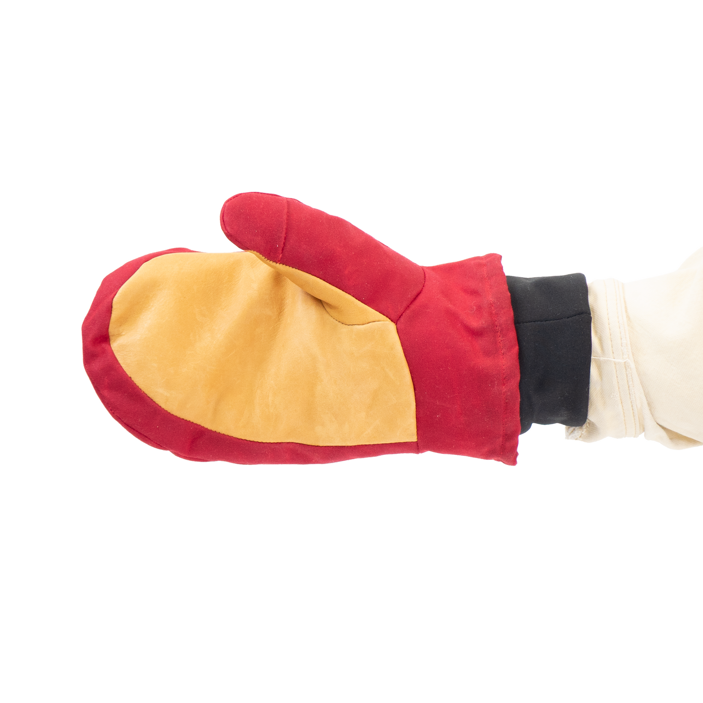 Red and tan mitten on a white background