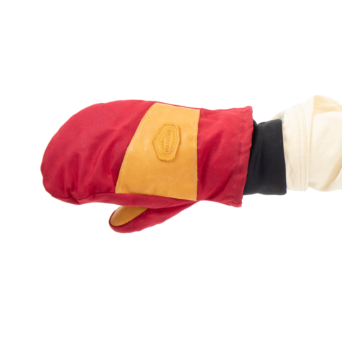 Red and tan insulated mitten on a white background