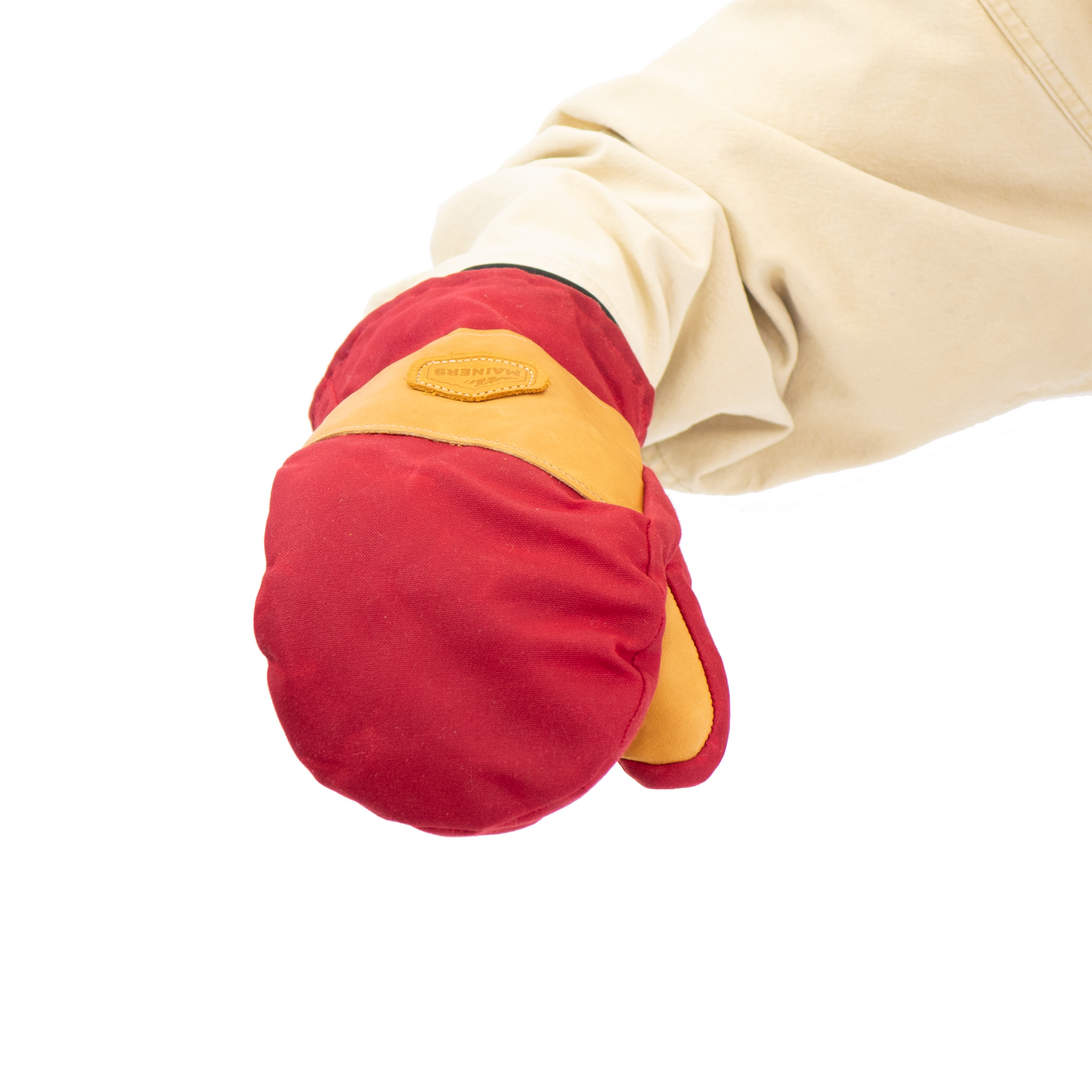 Red and tan mitten on a white background
