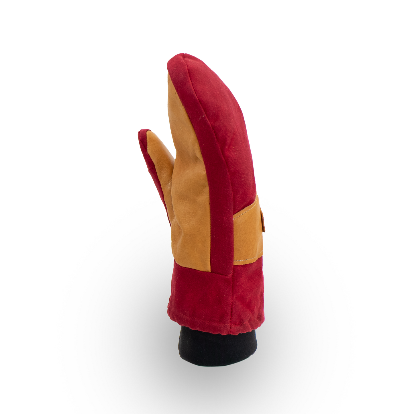 Red and tan mitten on a white background