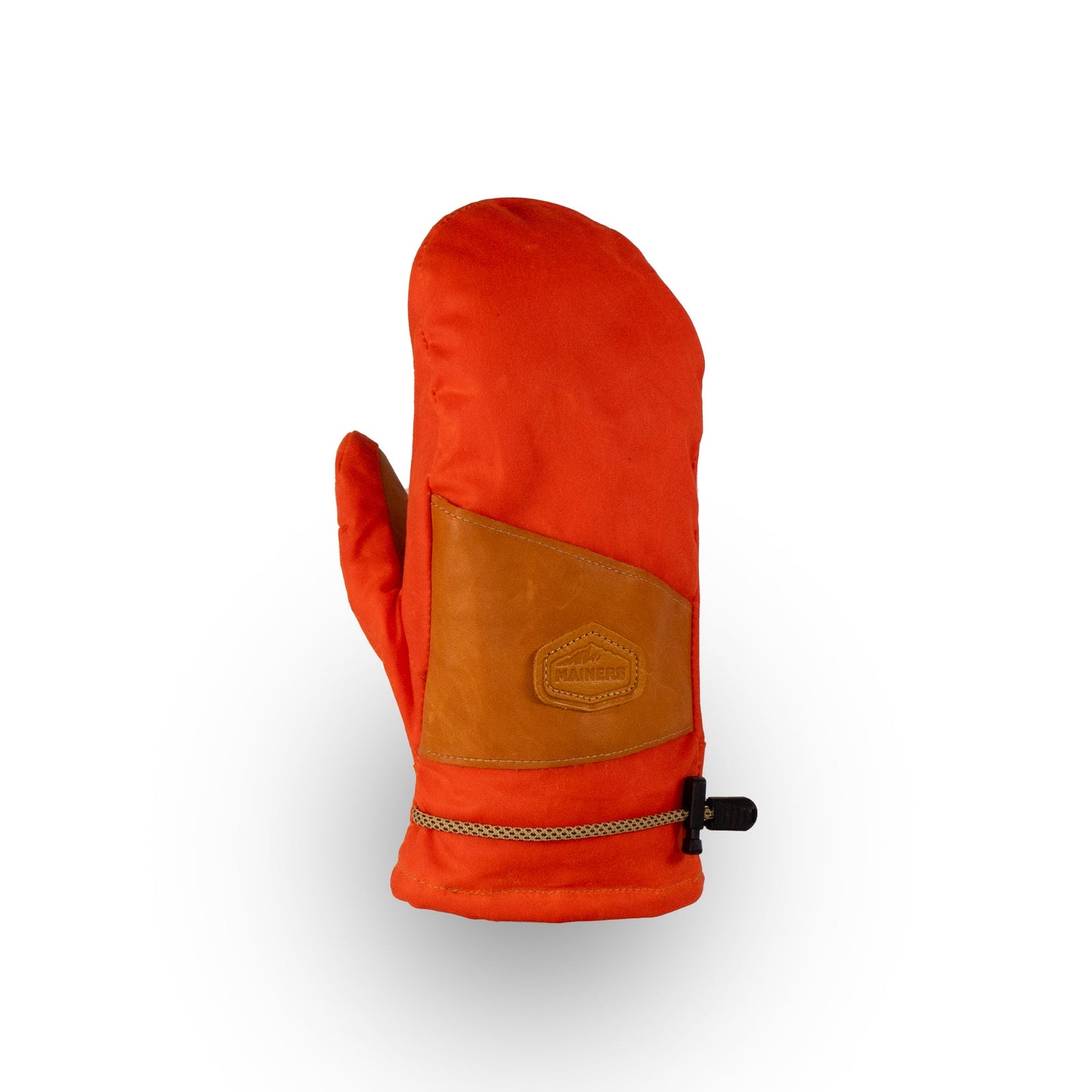 The Portland Mitts by Mainers, featuring a vibrant red-orange color with a brown leather palm and an easy-access zipper, are elegantly showcased on a simple white background.