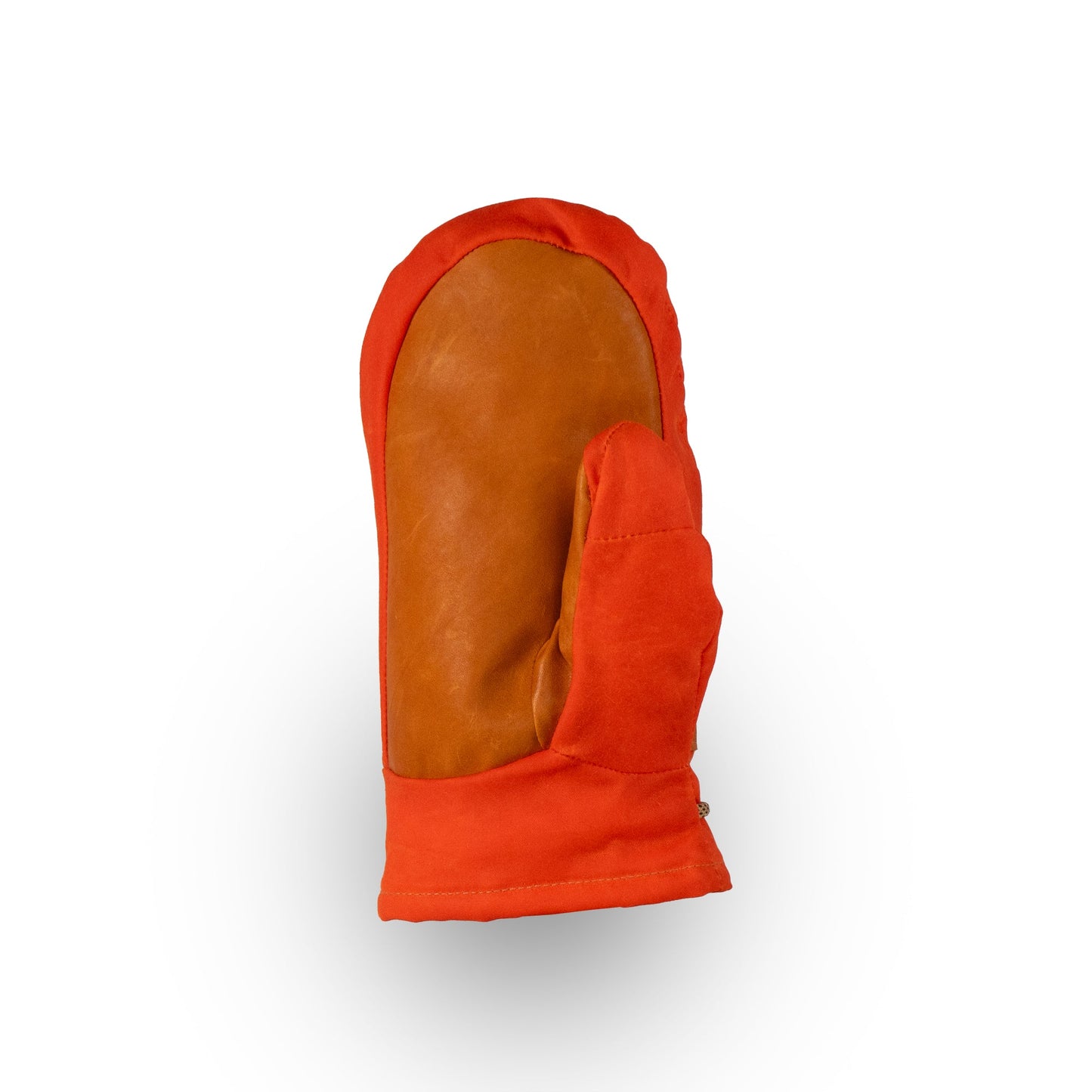 The Portland Mitts by Mainers, showcased individually in an orange and brown color with a leather palm, are set against a simple white background.